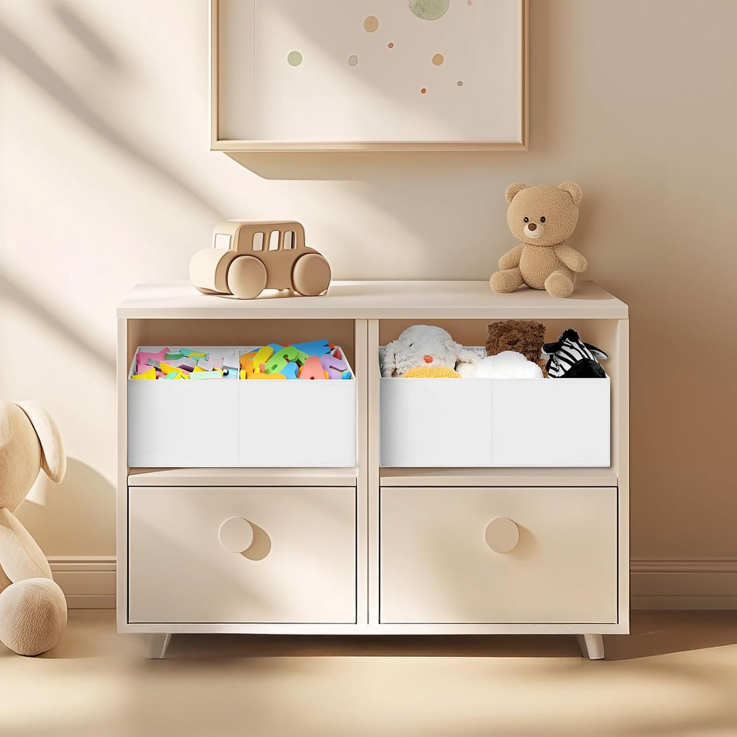 DIMJ Large Closet Shelf Organizer Bins 8 Packs with Handles and Divider, Fabric Trapezoid Storage Baskets, Foldable Clothes Containers Box for Shelf, Towel, Book, Toy, Purse, Hats, White