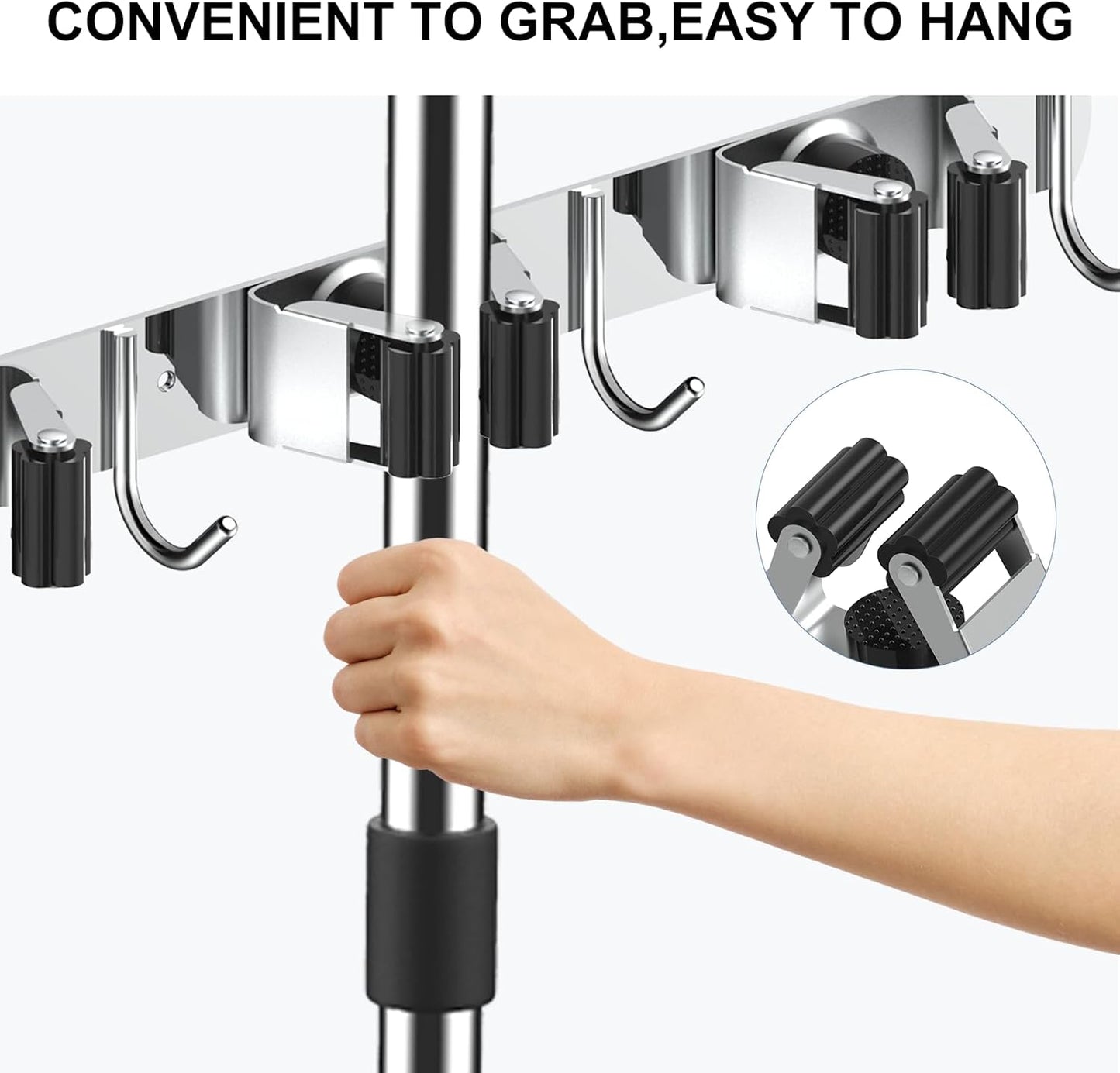 nacena Broom holder Wall Mount, 2-Pack Stainless Steel Self-Adhesive Mop and Broom Hooks Heavy Duty Broom and Mop Storage Rack laundry room organization Garage Organizer for Kitchen Garden garage