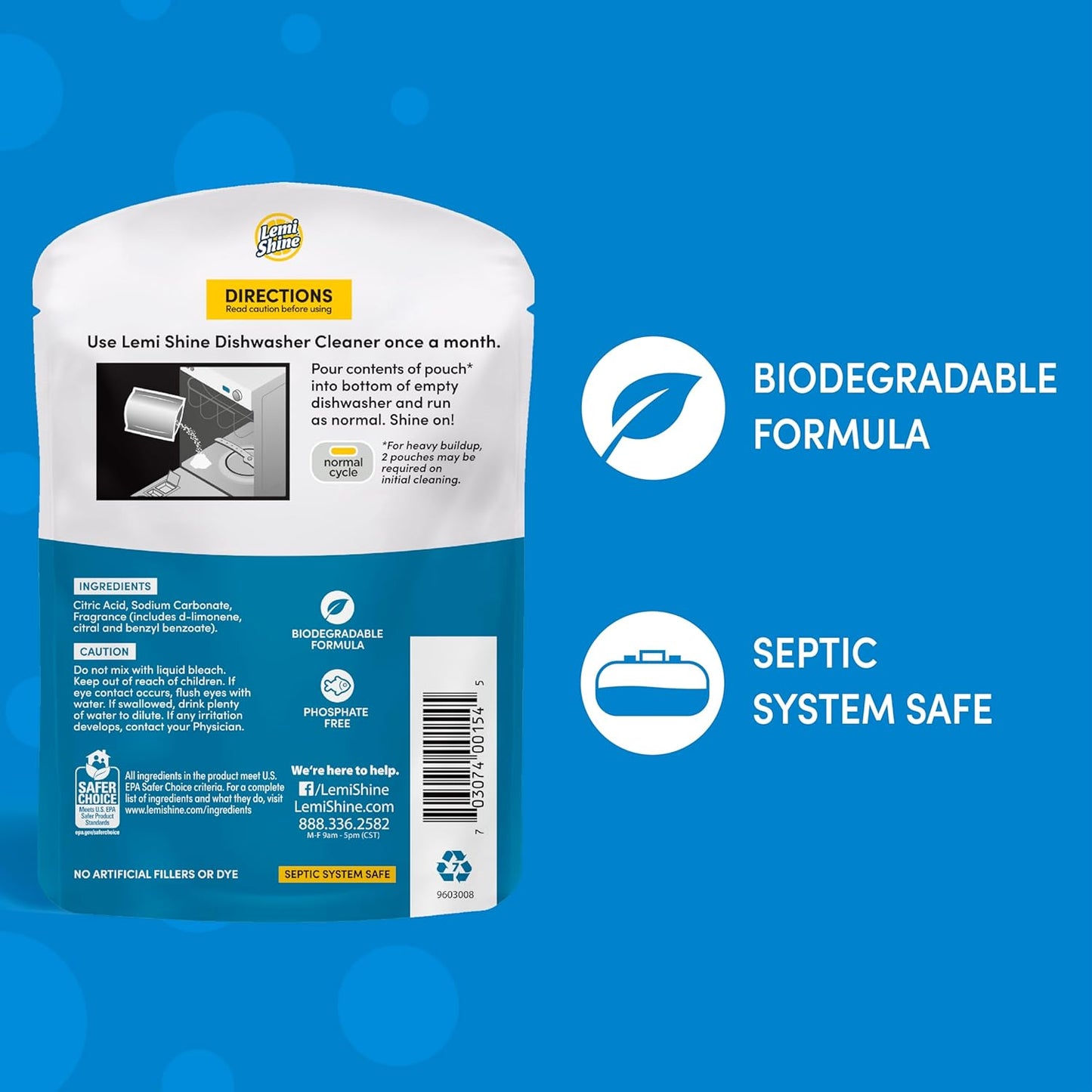 Lemi Shine Natural Dishwasher Cleaner - Hard Water Citric Acid Cleaning Powder - Lemon Scented Eco-Friendly Dishwasher Cleaner & Deodorizer - 1.76 oz