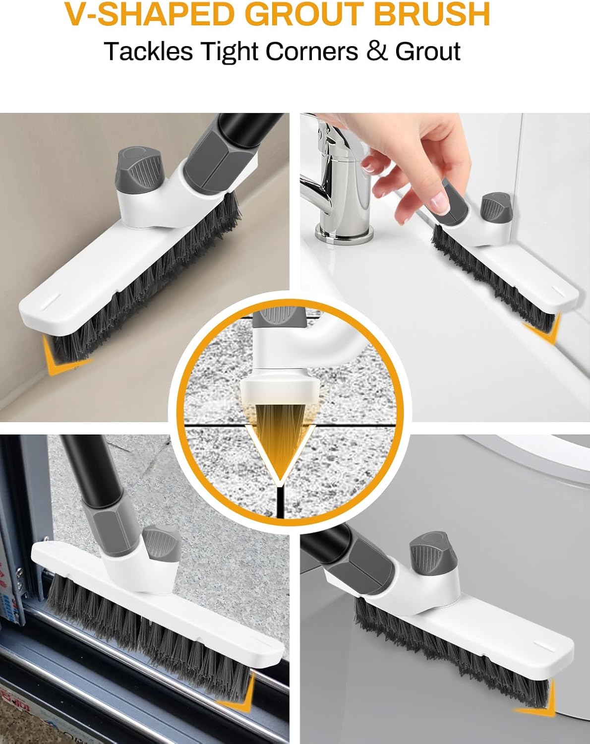 3 in 1 Floor Scrub Brush with Long Handle 55" Push Broom Stiff Bristle Scrubber Brush Squeegee Scrape & Detachable V-Grout Brush for Bathroom Kitchen Tile Deck Patio Garage Concrete Wall Cleaning Tool