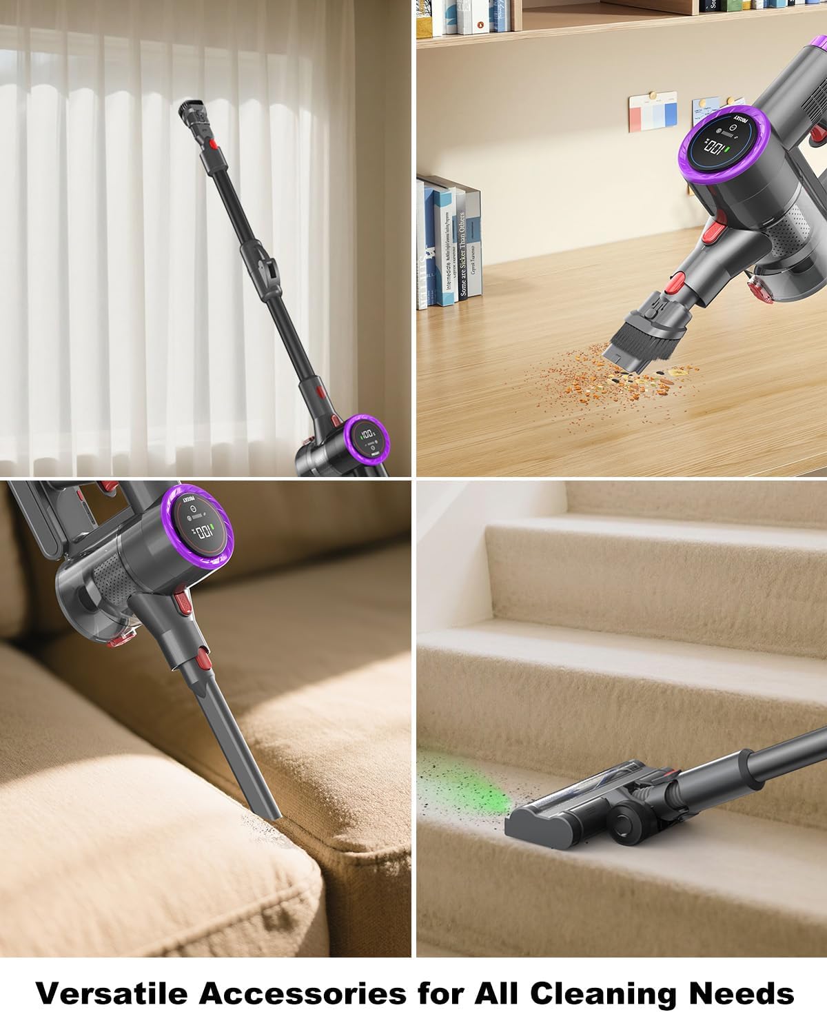 Cordless Vacuum Cleaner Bendable 6-in-1 Stick Vacuum — Lightweight with 45mins Runtime, LED Display & Headlight, Rechargeable for Carpet, Tile, Pet Hair & Hardwood Floors (Purple)