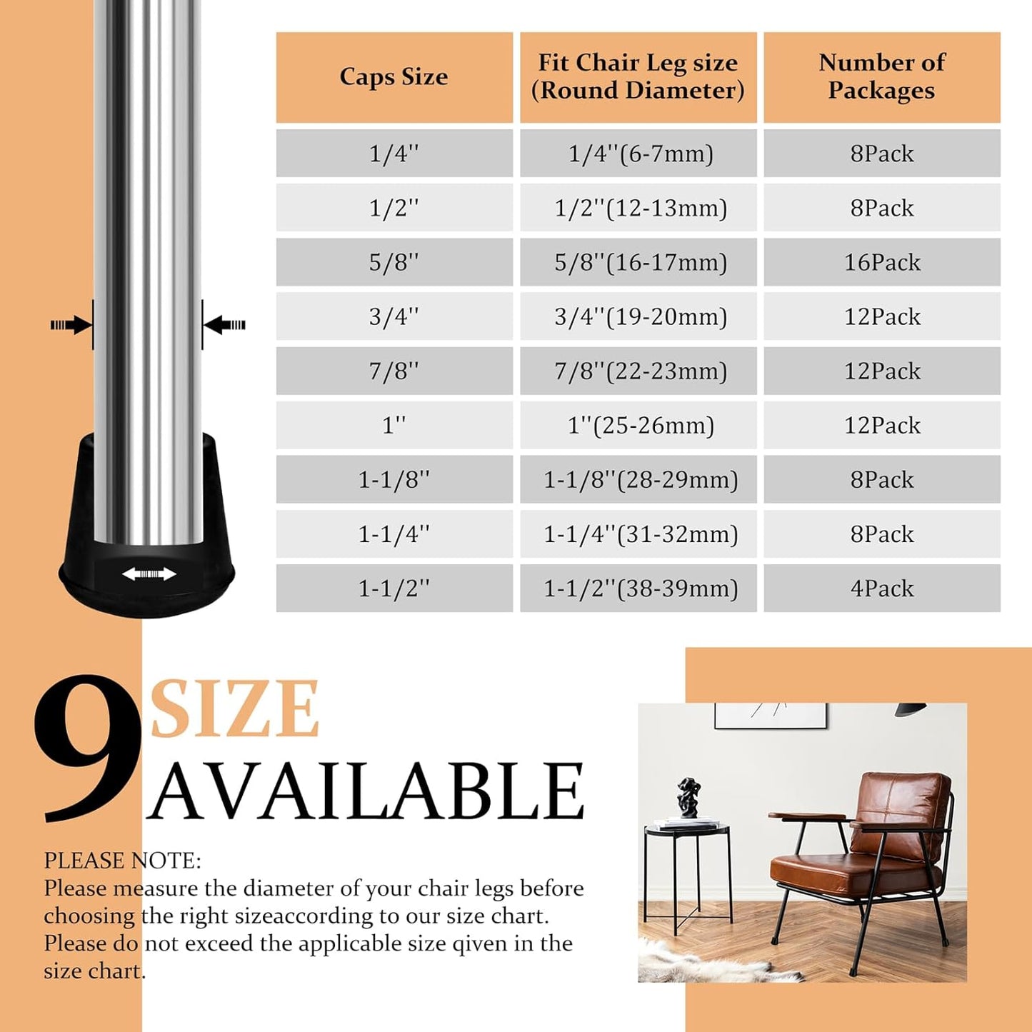 1-1/2” Round Rubber Chair Leg Tips Caps, Chair Leg Floor Protectors, Non-Slip Chairs Legs Caps, Stool Feet Protectors Cap, Folding Metal Chairs Legs Tip Replacement (Black, 8 Pack)