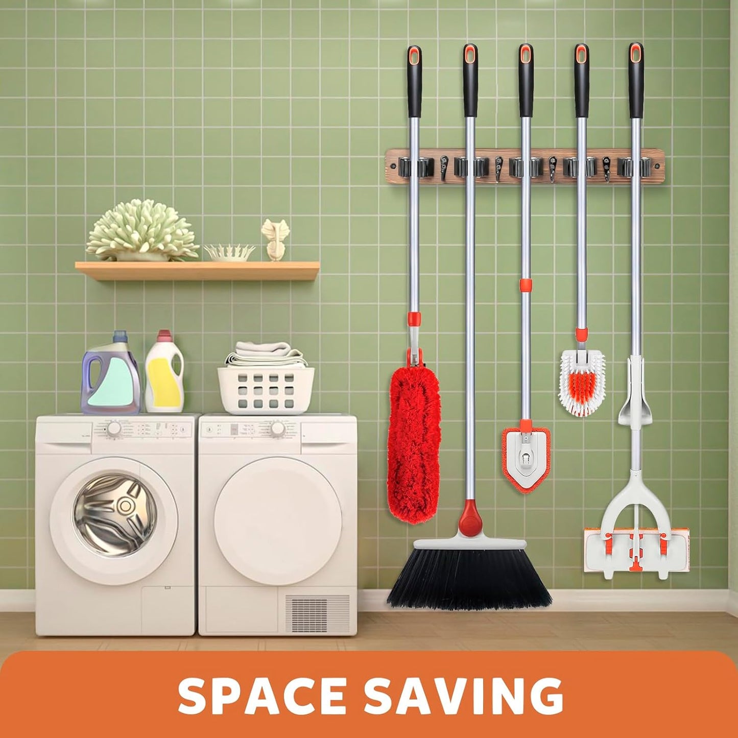 IMILLET Broom Holder Wall Mount, Rustic Wood Broom Hanger with 5 Racks and 4 Hooks, Laundry Room Organization and Storage, Mop Holder for Home Decor, Garden, Garage, Kitchen, Closet