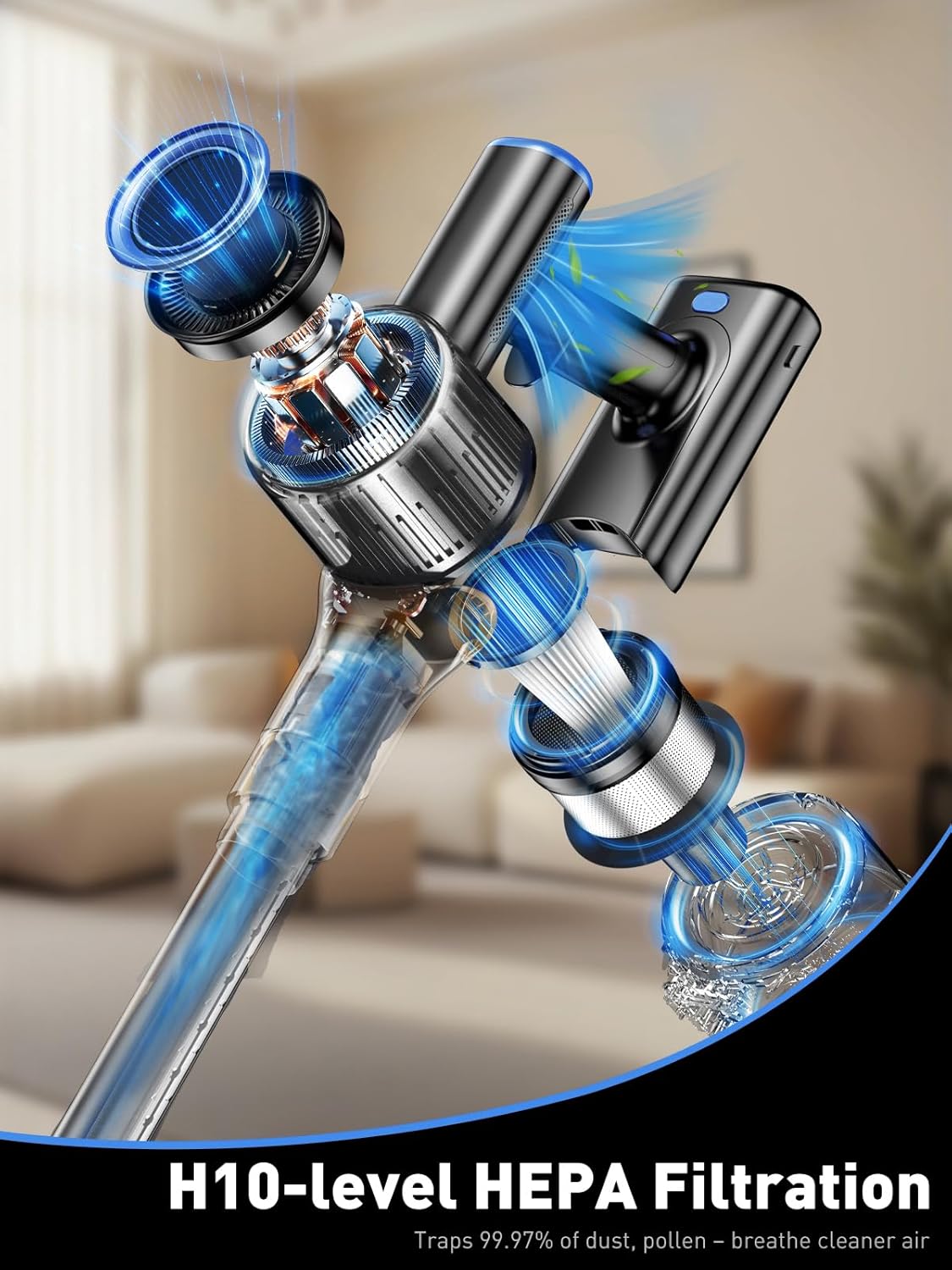 Cordless Vacuum Cleaner, 8-in-1 Vacuum Cleaners for Home, 45Mins Runtime, Anti-Tangle Stick Vacuum with LED Display, Rechargeable Lightweight Vacuum for Pet Hair/Carpet/Floor (Blue)