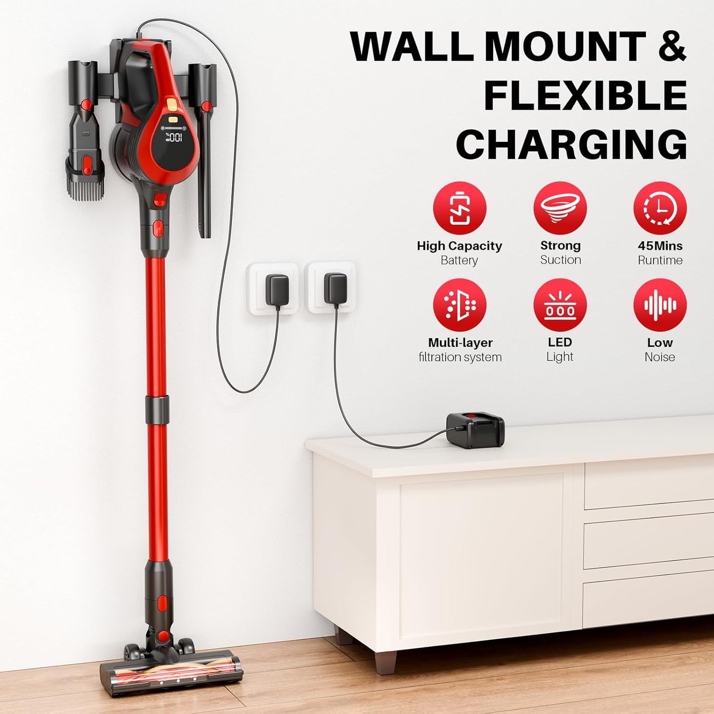 Cordless Vacuum Cleaner - Lightweight, 35Kpa Home Stick Vacuum, Smart Display & Removable Battery, Up to 45 Mins, 8 in 1 Portable Handhled Vacuum, Wall Mount Charging for Hardfloor, Carpet Red