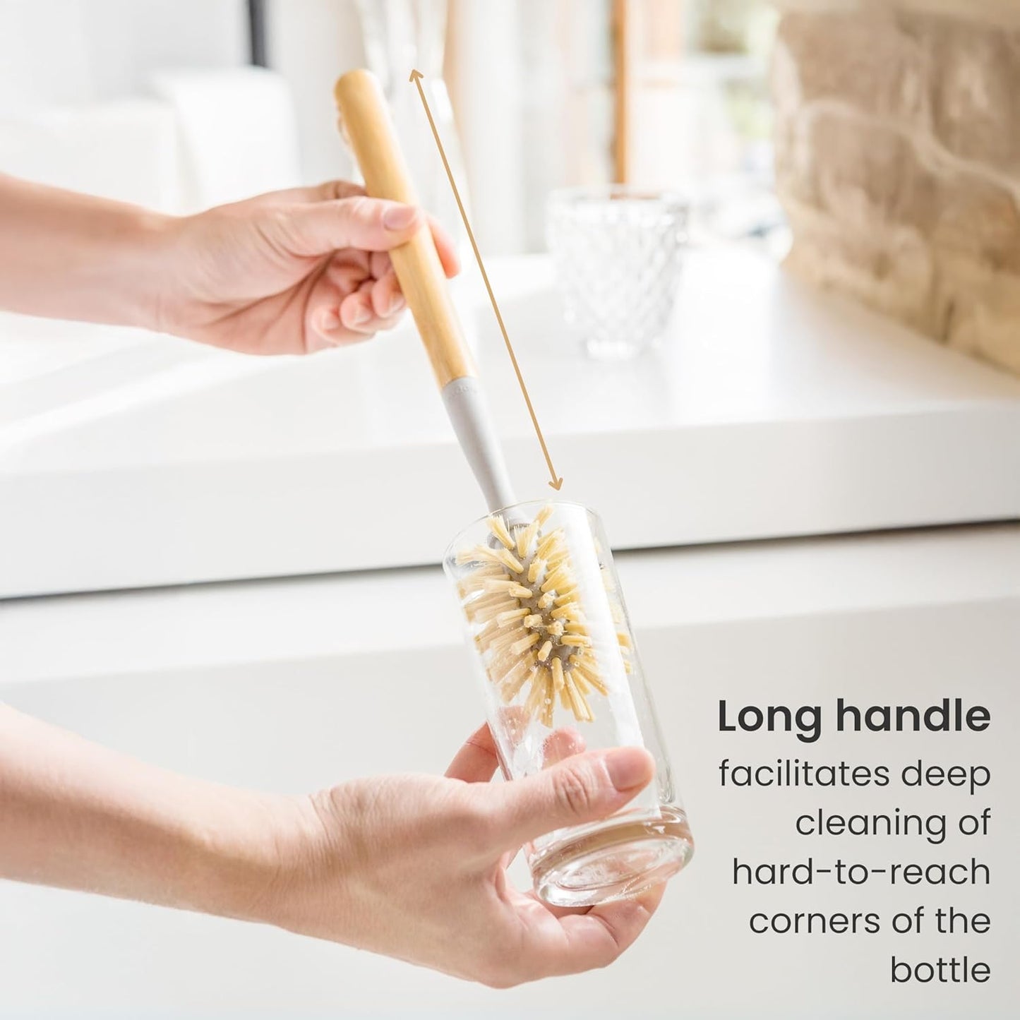 Vigar Zeroline 13.9" Long Bamboo Dish Brush, Ideal Dish Brush for Cups, Wine Glass, Tumbler, Blender Bottles, and Glass Water Bottles for The Kitchen