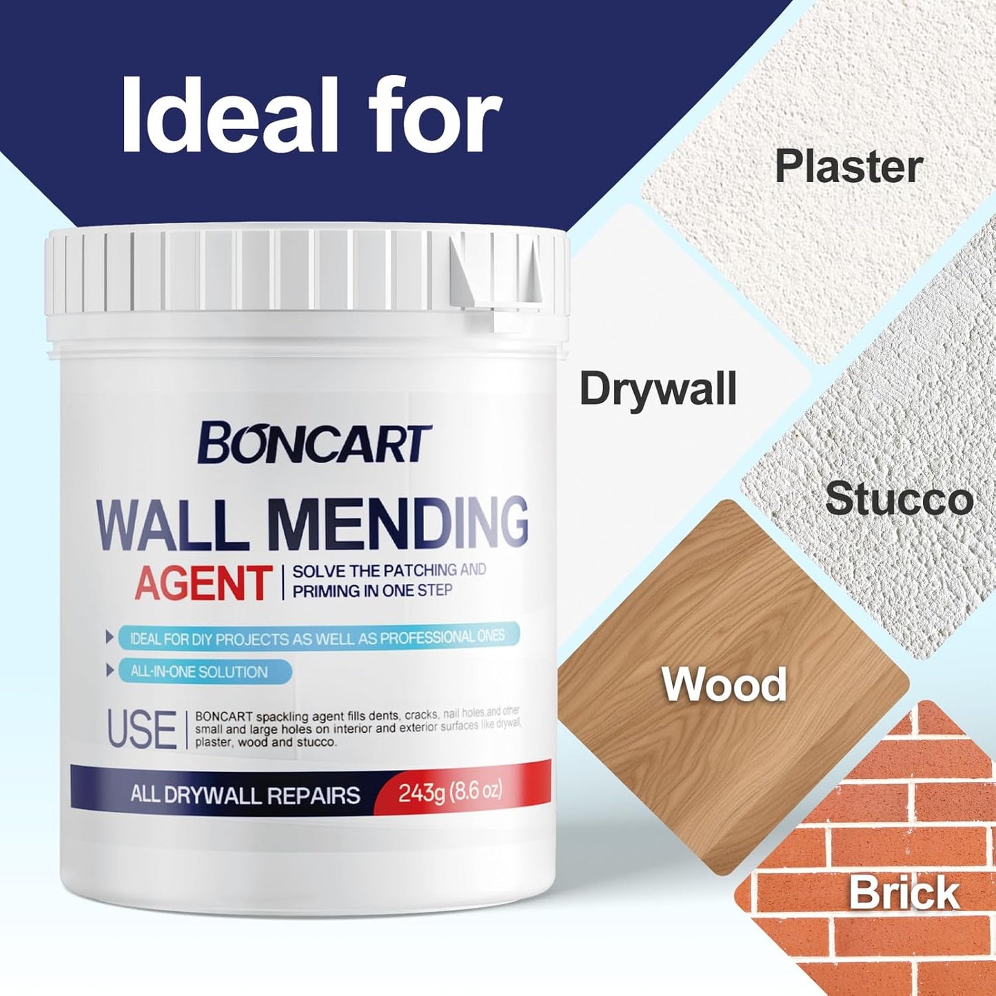 8.6oz Drywall Patch Repair Kit - Professional All-in-1 Tool Set (Scrapers/Sandpaper/Texture Sponge/Gloves/Putty Knife) for Fast Wall Hole Repair