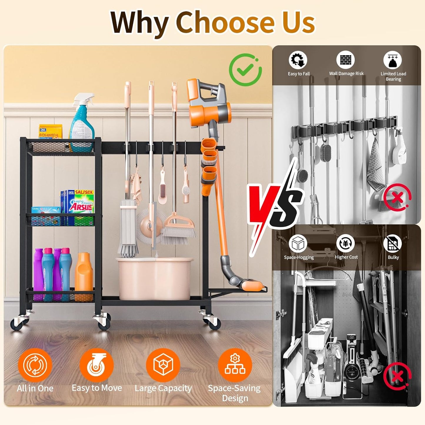 Cleaning Supplies Organizer with Broom Holder Load 350 LBS Cleaning Cart with Wheels Broom Closet Storage with 3-Tier Shelves, 6 Mop Hanger Grippers, 3 Double-Hooks, Vacuum Stand for Laundry Garage
