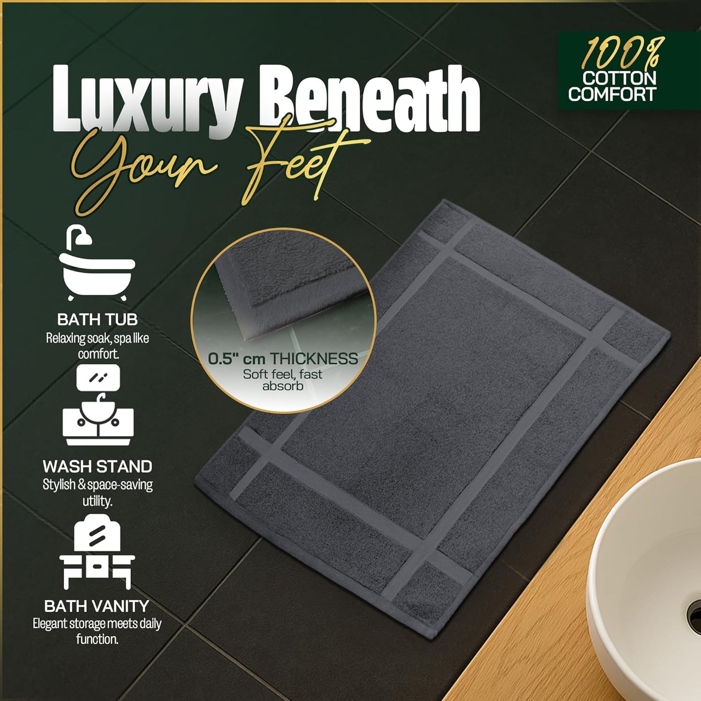 Pearl Linens Pack of 6 Washable Cotton Bath Mat 18x25 - Soft & Absorbent Quick Dry Bathroom Mat Set, Not Bathroom Rugs After Shower Mat, Terry Bath Tub Mat, 687 GSM Dark Grey