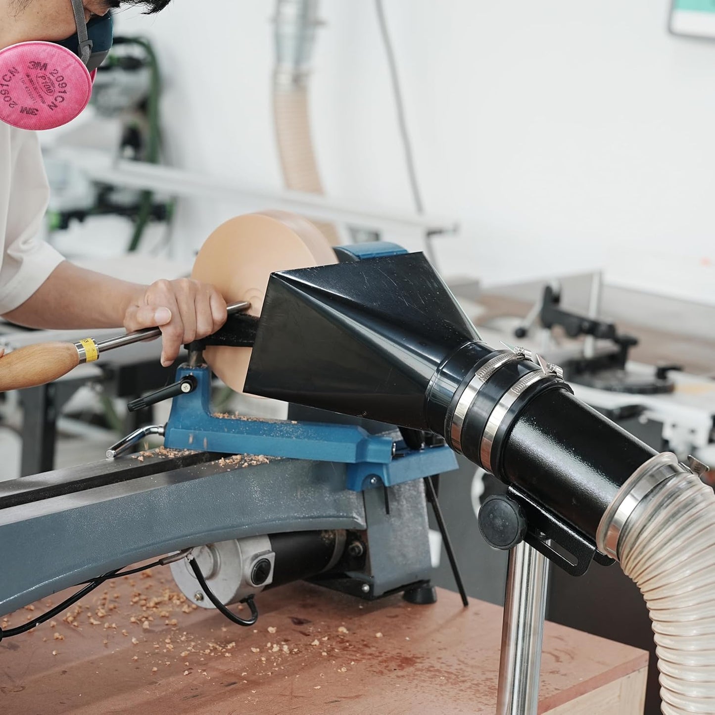 Dust Extraction Hood with Flexible Rubber Cuff for Interchangable Dust Hood for Woodturning Lathe, Woodturning tools.