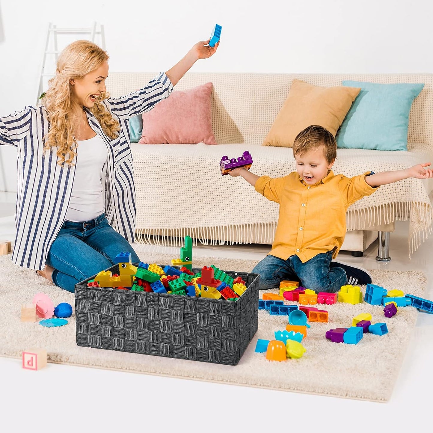 Woven Storage Baskets, Storage Bins, Cube Basket Container Baskets Storage Boxes Organizers for Clothes /Shelves/ Closet, Set of 6 (Grey)