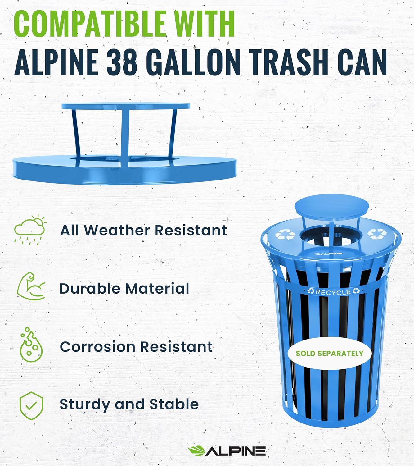 Alpine Outdoor Metal Waste Receptacle Rain Bonnet Lid - Heavy Duty Commercial Trash Can Receptacle Cover - Perfect Companion for 38-Gallon Garbage Can (Blue)