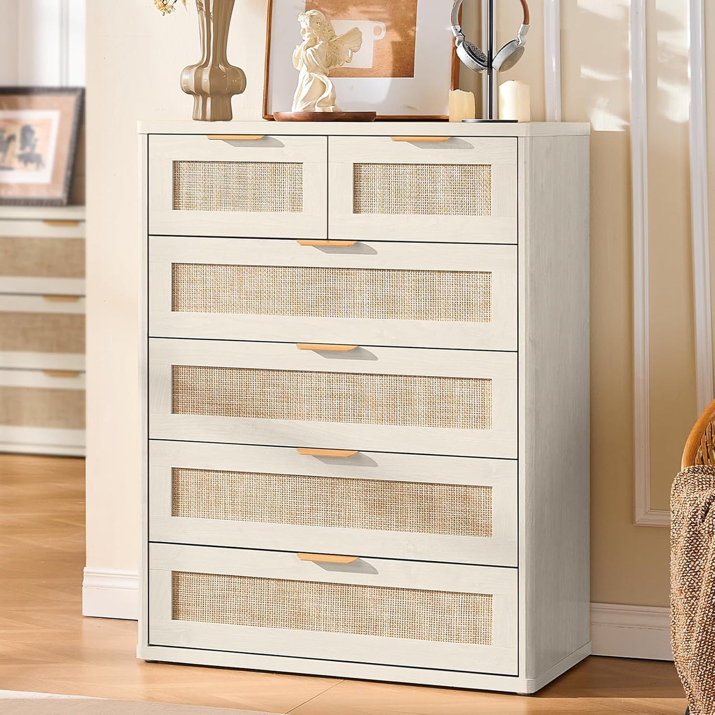 LEYAOYAO White Dresser for Bedroom, 42" Tall Chest of Drawers, Modern 6 Drawers Boho Rattan Dressers with Storage, Dresser Wooden Closet Organizer for Living Room, Hallway