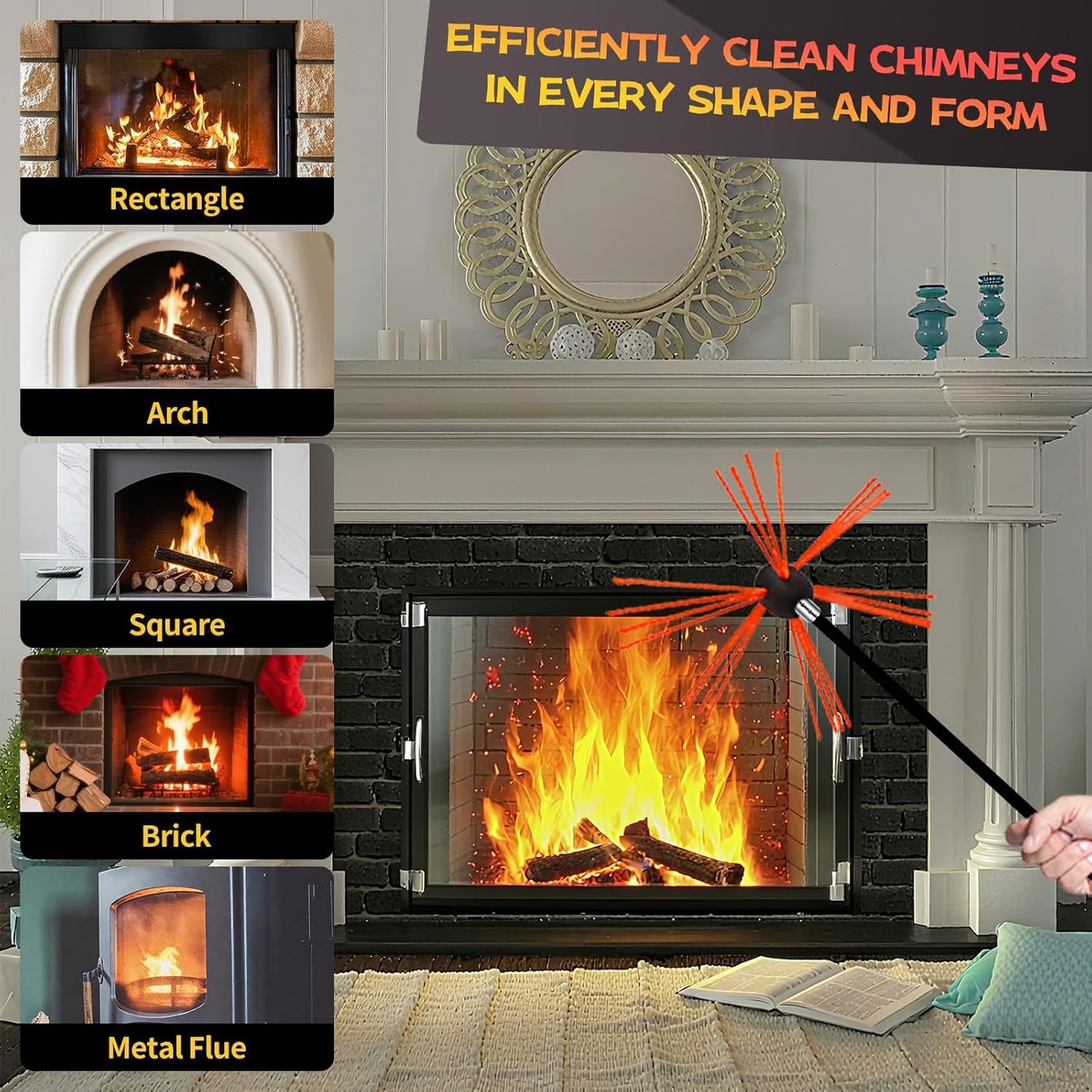 46 Feet Chimney Sweep Kit, Chimney Cleaning Kit with 14 Flexible Black Chimney Rods, Chimney Brush, Rotary Chimney Cleaning System Driven by Drill for Sweeping Fireplace