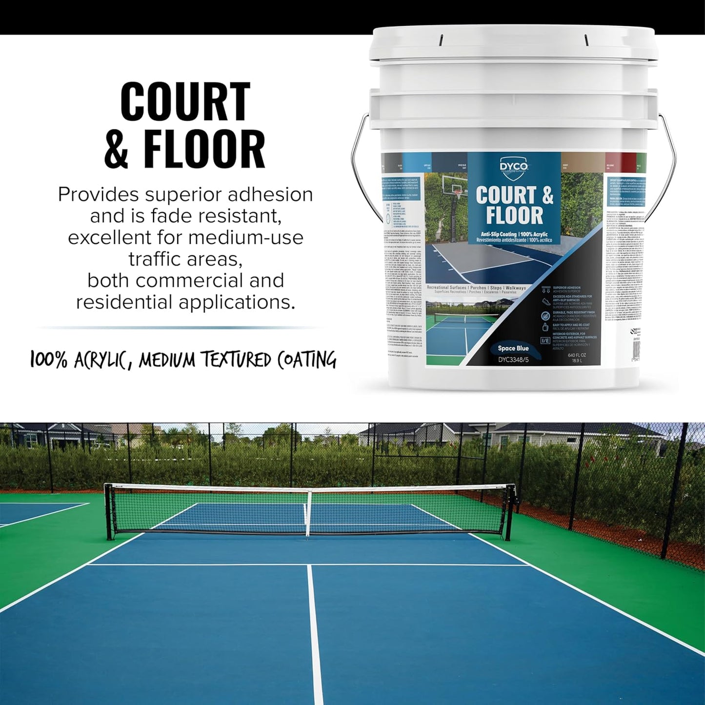 DYCO Court & Floor Anti-Slip Coating - Slip-Resistant Pavement, Cement & Concrete Paint for Pickleball, Tennis & Basketball Courts, Exceeds ADA Standards for Safety Areas (Space Blue, 5 Gallons)