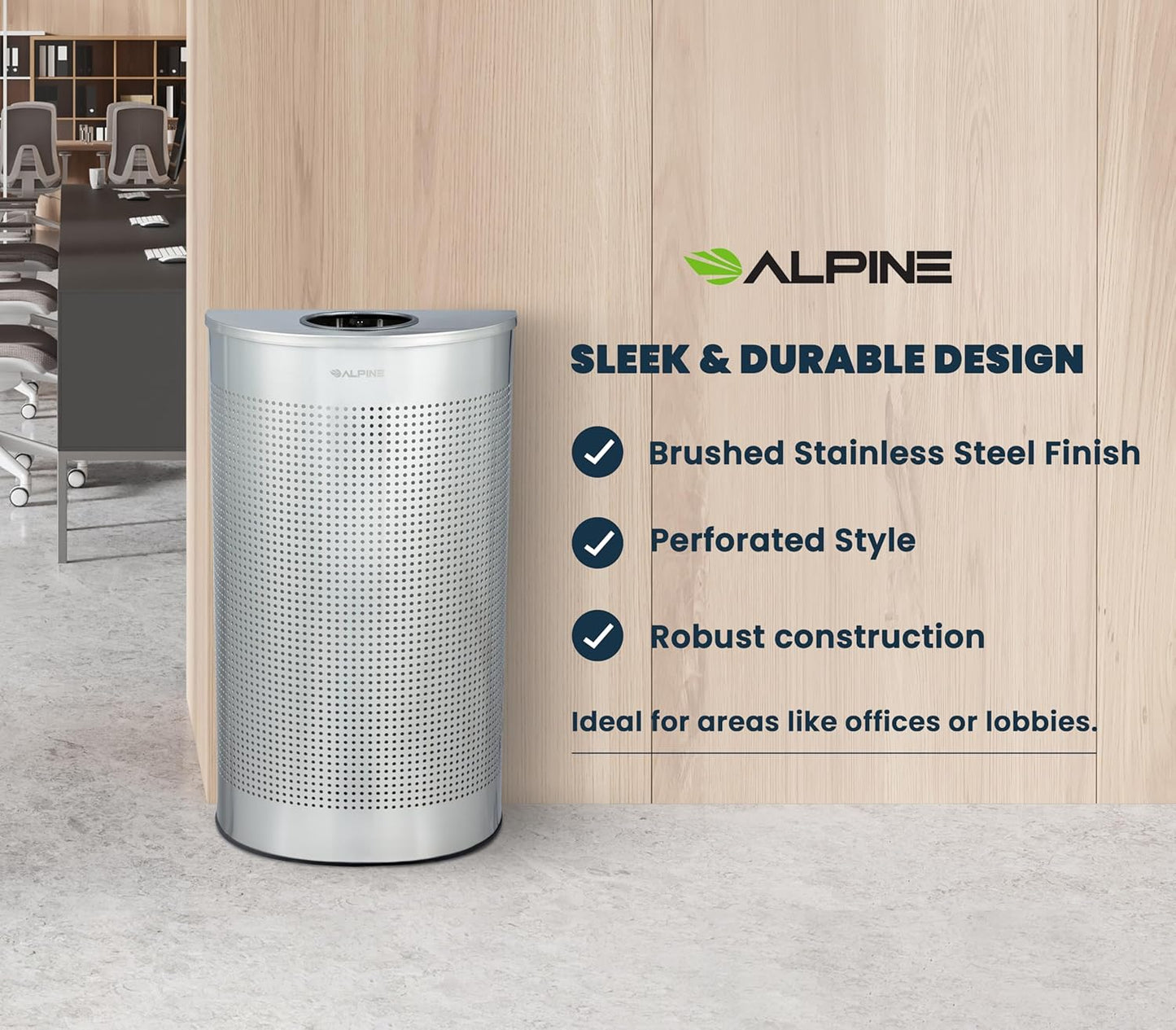 Alpine Half Round Trash Can Open Top - Modern 12 Gallon Stainless Steel Space Saving Indoor Commercial Trash Can, Narrow Garbage Can for Bathroom. Office, Lobby and Business.