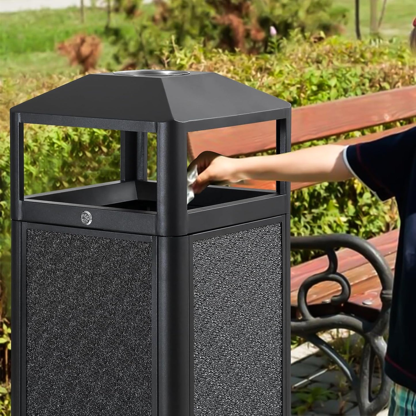 Square Waste Container with Dome Lid | Commercial Outdoor Garbage and Trash Container, Black, 15 Gallon