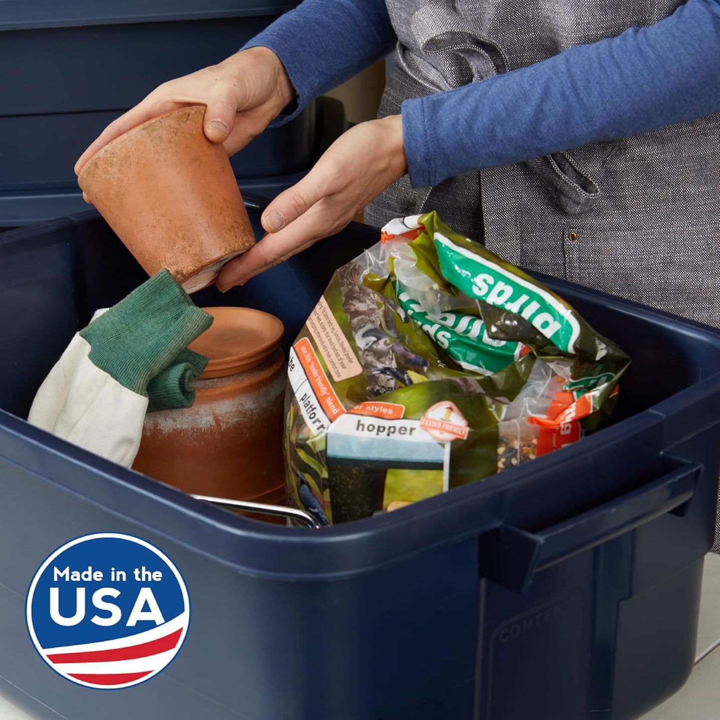 Rubbermaid Roughneck Tote 10 Gal, 8 Pack, Made in USA, Dark Indigo Metallic, Rugged Plastic Stackable Storage Bins with Lids and Handles