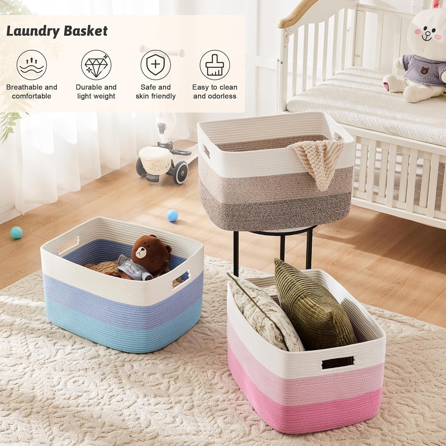 Blanket Basket,Rectangle Woven Baskets for Storage,100L Laundry Basket for Decorative Nursery Blanket,Toys,Dirty Clothes and Magazine in Shelves,Baby Room,and Living Room