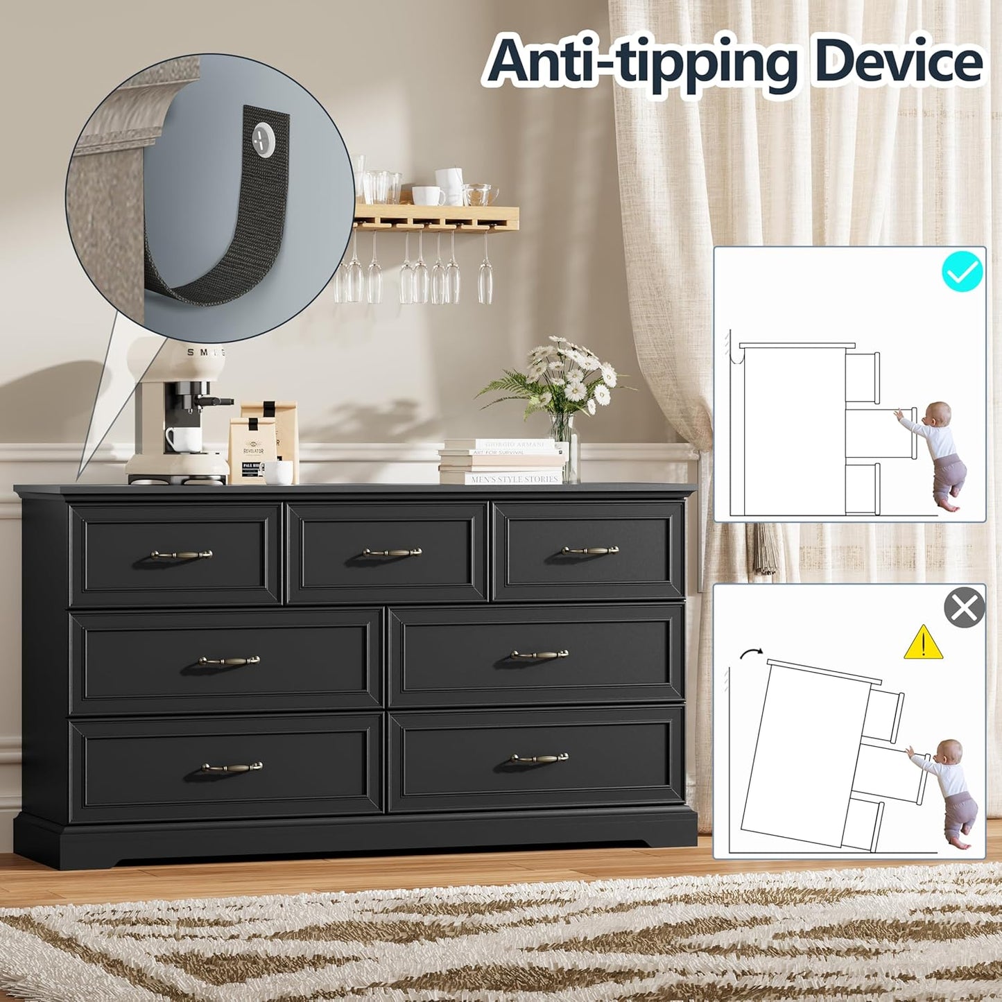 7 Drawer Dresser for Bedroom, 57" Wide Wooden Chest of Drawers, Rustic Farmhouse Dresser with Large Drawers & Metal Handles, Modern Storage Organizer for Closet, Living Room, Hallway, Black