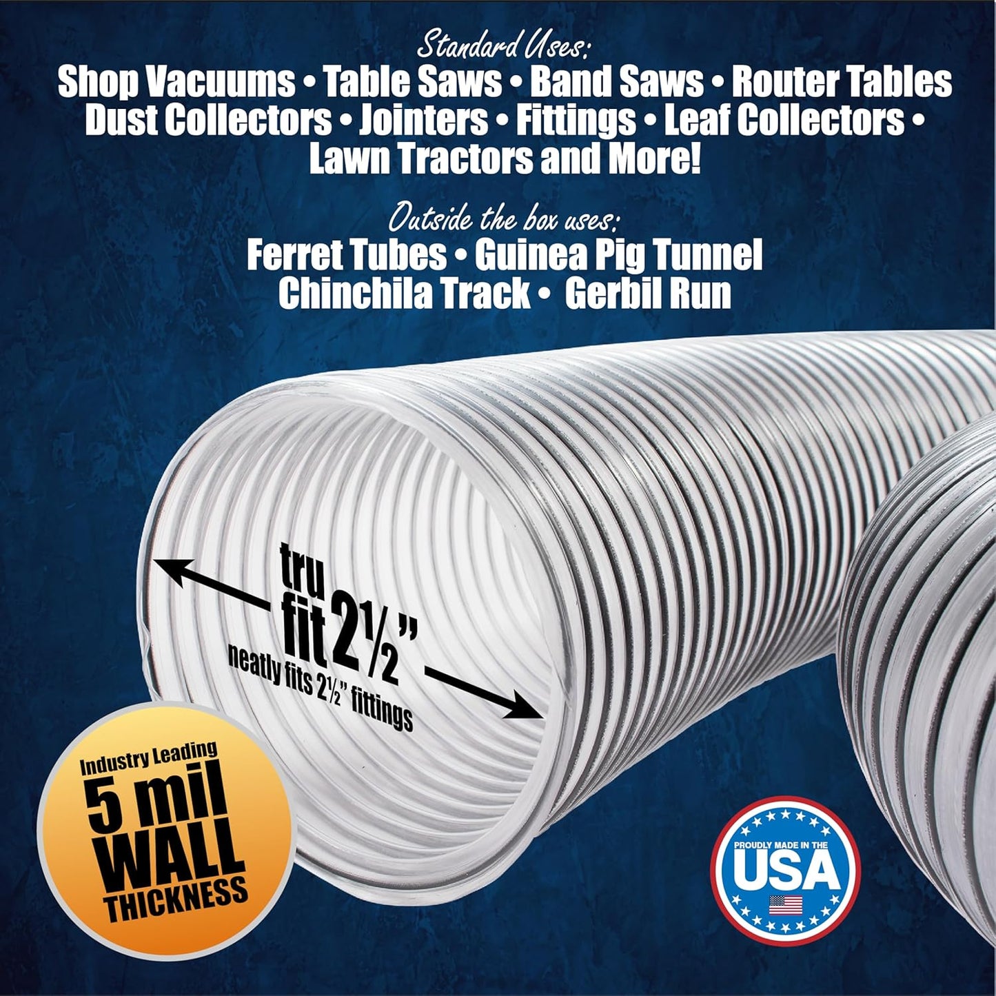 PVC Dust Collection Hose w/4 Thumbscrew Clamps, Puncture Resistant, Carbon Steel Wire, Clear Flexible PVC Dust Collector Hose, Proudly Made in USA (2 1/2" x 10')