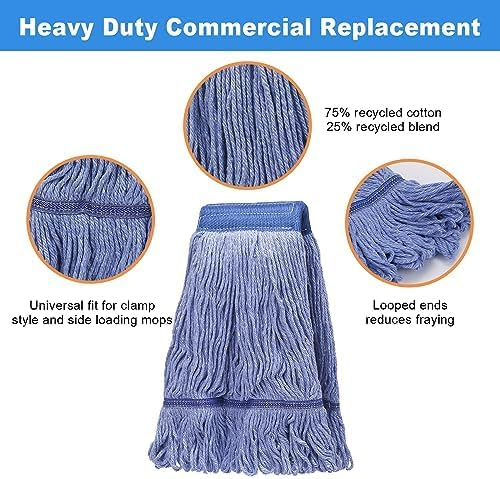 Pack of 6 Heavy Duty Commercial Looped End Cotton Mop,String Cotton Mop Refill Heads for Industrial,Residential and Most Floor Cleaning-Wet Industrial Blue String Mop Replacements Head