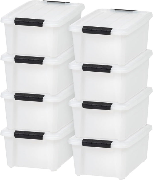 IRIS USA 13.5 Qt Stackable Plastic Storage Bins with Lids, 8 Pack - BPA-Free, Made in USA - Discreet Organizing Solution, Latches, Durable Nestable Containers, Secure Pull Handle - Pearl