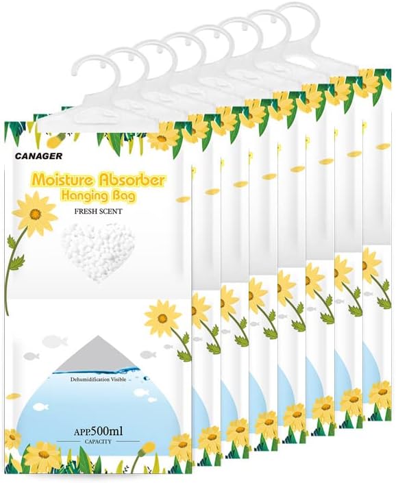 CANAGER Hanging Moisture Absorber, Fresh Scent Moistureproof Desiccant Hanging Bag，Dehumidifier Bag (8 packs) Hanging Closet Dehumidifier Bags, Moisture Absorb 12.5 oz
