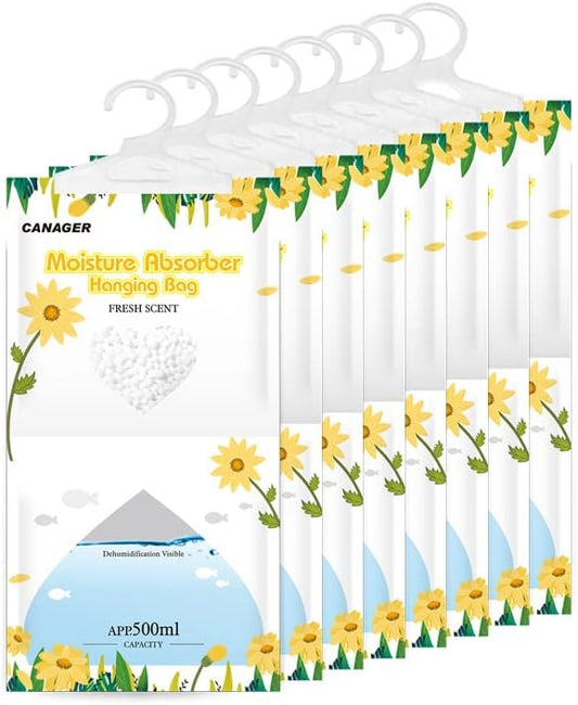 CANAGER Hanging Moisture Absorber, Fresh Scent Moistureproof Desiccant Hanging Bag，Dehumidifier Bag (8 packs) Hanging Closet Dehumidifier Bags, Moisture Absorb 12.5 oz