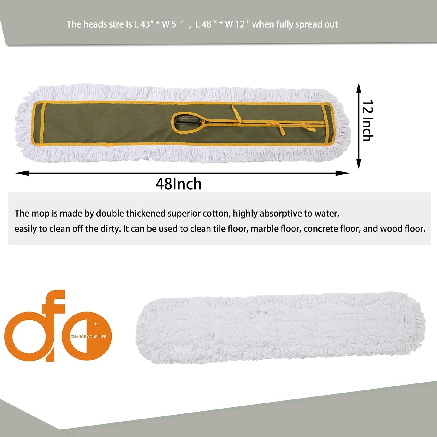 OFO 43inch Industrial Commercial Dust Mop 2 Sets // Heavy Duty Dust Mop // 63inch Length Stainless Steel Handle //Easily Clean Large Area Factory,Shopping Mall,Garage