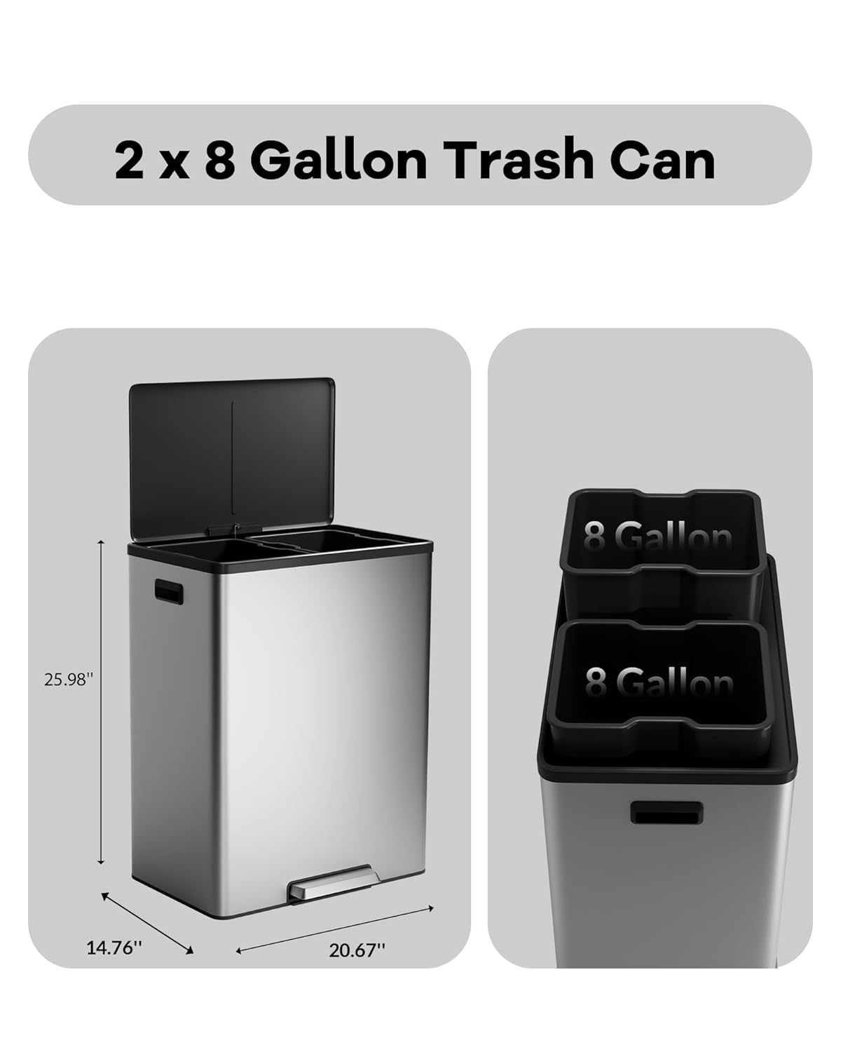 Garvee Dual Trash Can for Recycling and Trash, 2 x 30 L (60 L) Stainless Steel Kitchen Trash Can with Lid and Foot Pedal, Double Compartment Garbage Can, with Recycling Bin, 2 x 8 Gallon