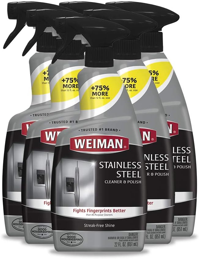 Weiman Stainless Steel Cleaner and Polish - Protects Appliances from Fingerprints and Leaves a Streak-Free Shine for Refrigerator, Dishwasher, Oven, Grill, 22 oz, 6 Pack