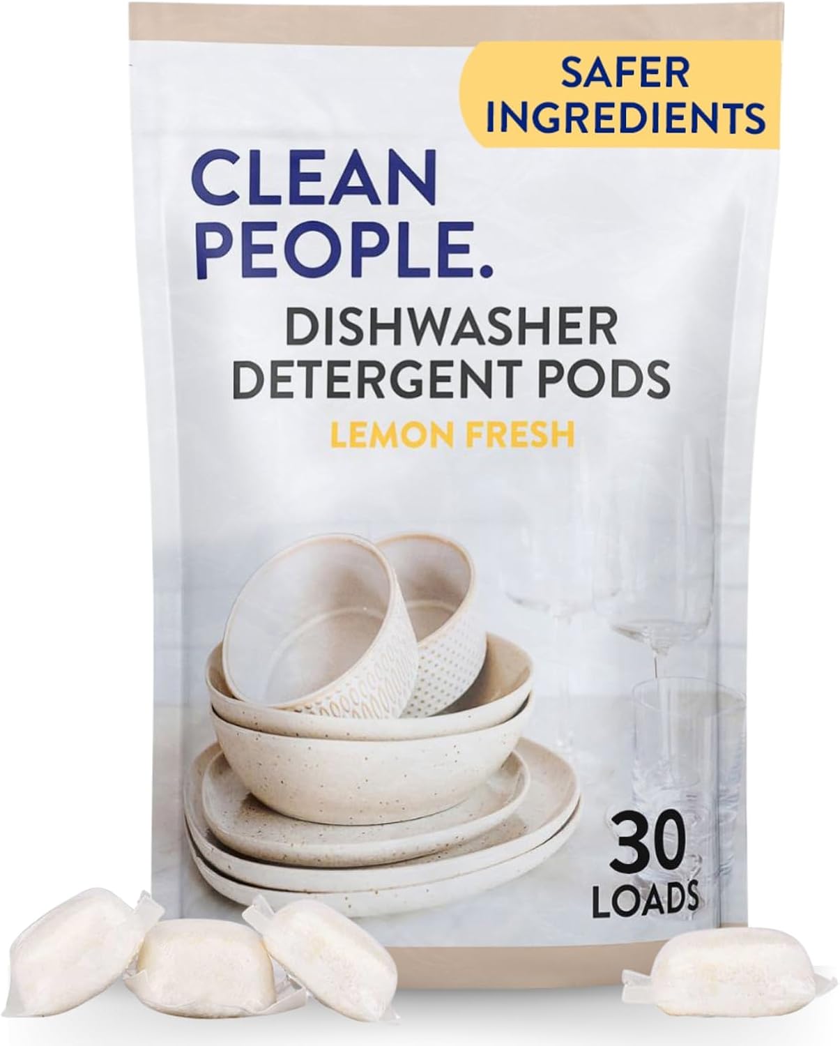 The Clean People Dishwasher Pods - Cuts Grease & Rinses Sparkling Clean - Residue-Free - Phosphate Free Dishwashing Pods - Lemon, 30 Pack