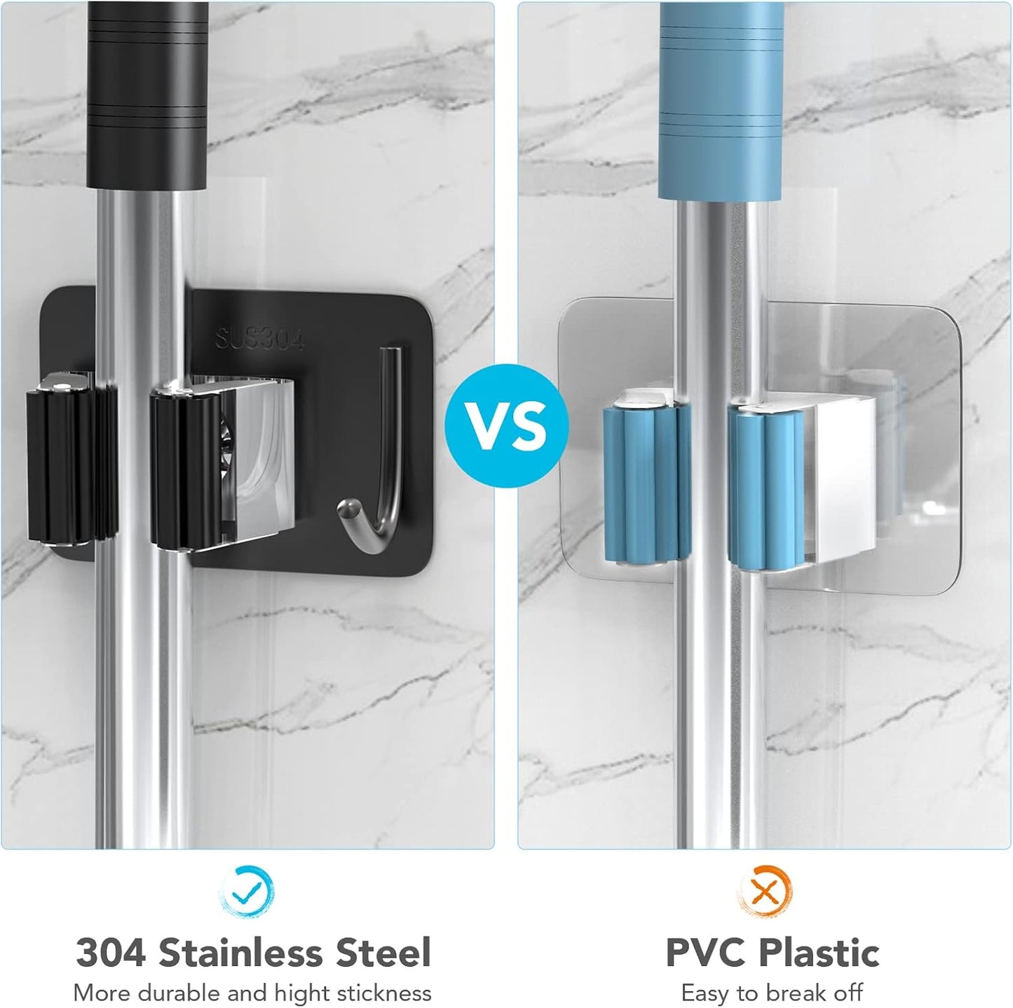 Mop Broom Holder No Drill, Mop Broom Organizer Wall Mounted Heavy Duty with Hooks Hanger, Self Adhesive Stainless Steel 4Pcs for Bathroom, Kitchen, Office (Multicolor)