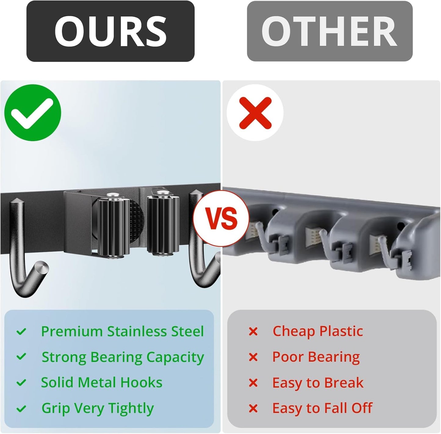 ZONGOOL 2 Pack Broom Holder Wall Mount, 4 Racks and 5 Hooks Mop Hanger Wall Mount Broom Organizer Stainless Steel Heavy Duty Garage Tool Racks for Home Kitchen Garden Laundry (Black)