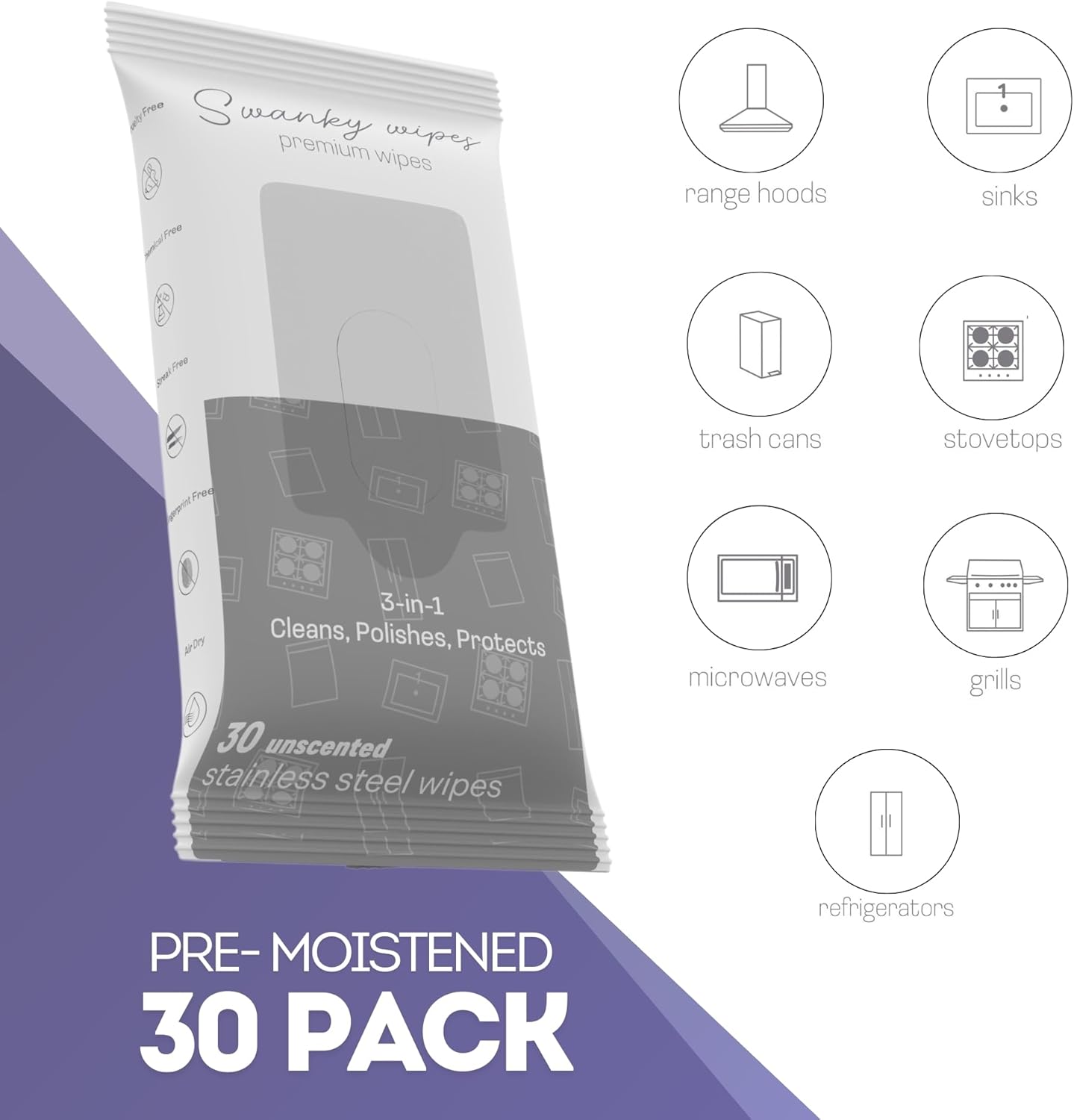 Swanky Stainless Steel Cleaner Wipes - Grime & Grease Remover Kitchen Cleaning Supplies - Clean & Shine, For Stove Top, Refrigerator, Sink, Oven, & Household Appliances - Soft Wipes, 30 Count