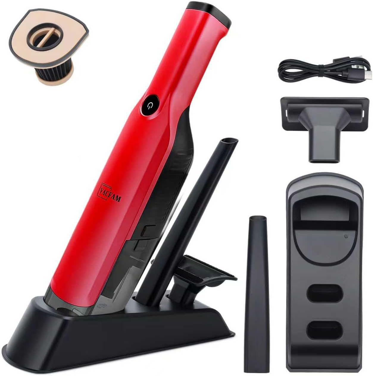 Handheld Vacuum Cordless,15KPA High Power Suction,USB Quick Charge,Car Vacuum Cleaner with Storage Dock,Lightweight Rechargeable Dust Buster with Crevice Tool Pet Brush Hand Vac for Home,Red