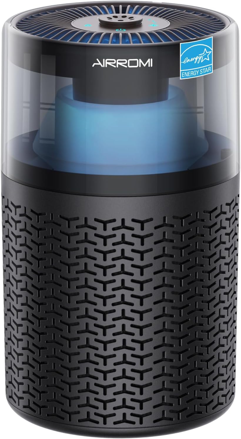 AIRROMI Air Purifiers for Bedroom Home,Up to 658 Ft²,Activated Carbon Filter Cleaner,With Fragrance Sponge for Better Sleep,Night Light,Pet Dander,Allergies,Smoke,Odor,Desktop Air Cleaner A2002 Black
