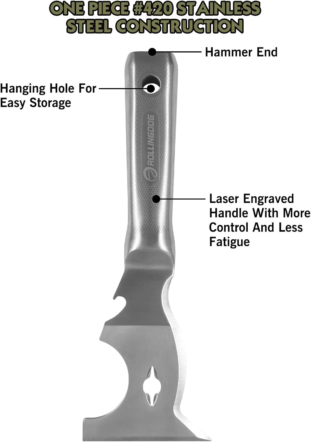 ROLLINGDOG 10 in 1 Painter's Tool - Stainless Steel Mirror Polished One Piece Blade And Laser Engraved Handle,3 inch Multifunction Putty Knife Drywall Paint Scraper