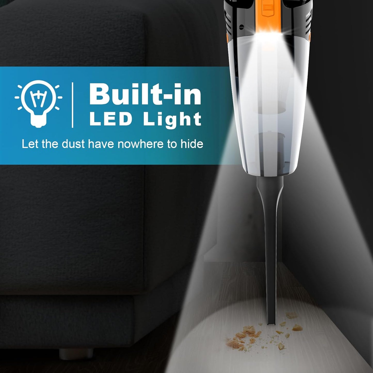 Handheld Vacuum Cordless Car Vacuum Portable with LED Light, High Power Suction, Lightweight Rechargeable Hand Vacuum, Hand Held Vacuum Cleaner for Car Home Office, Pet Hair, BlackOrange