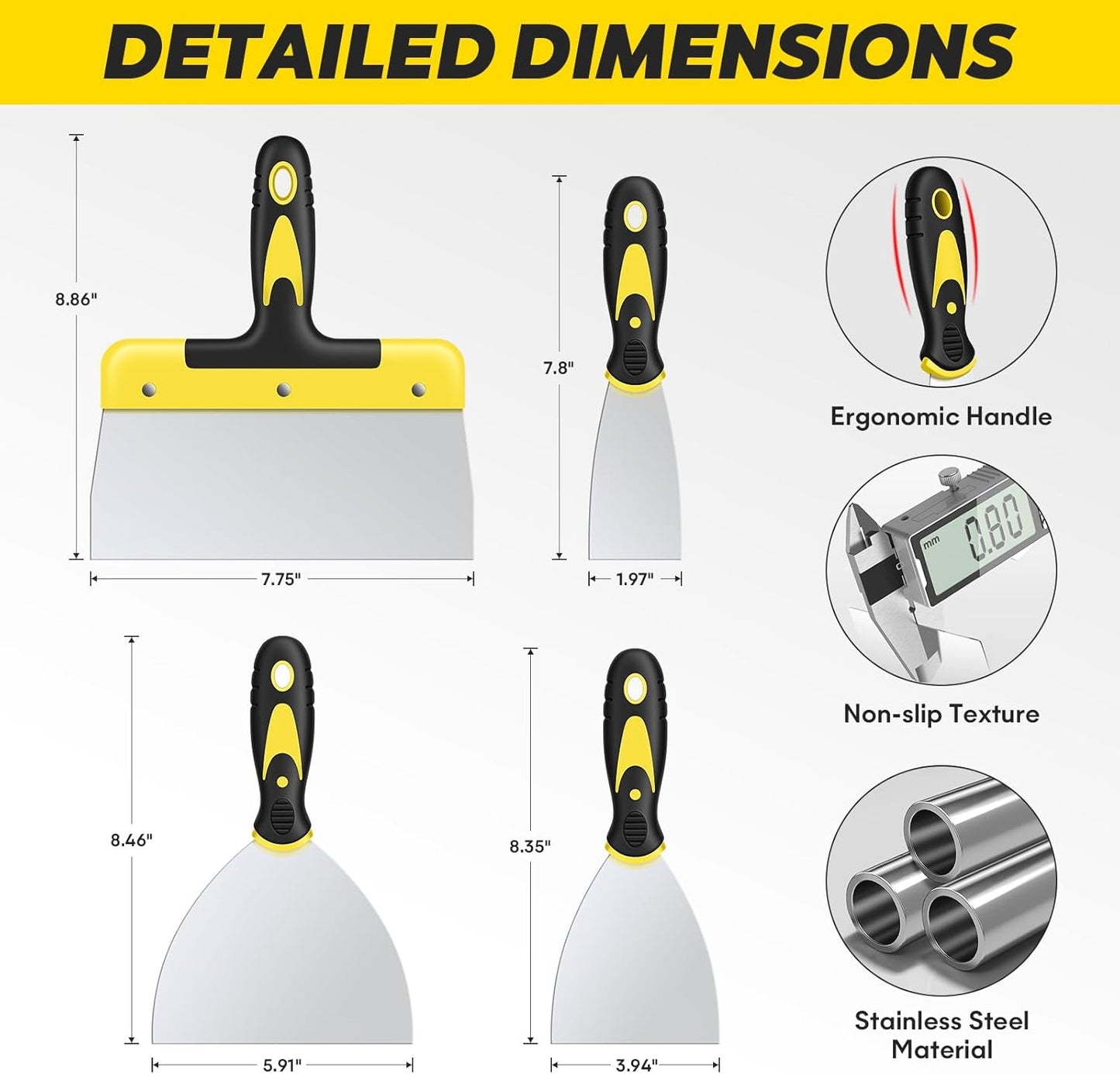 DEKEones Putty Knife Set, 4PCS Stainless Steel Scraper Paint Tool with Comfortable Grip for Drywall Repair, Wallpaper Removal and Plaster Scraping(2,4,6,8in)