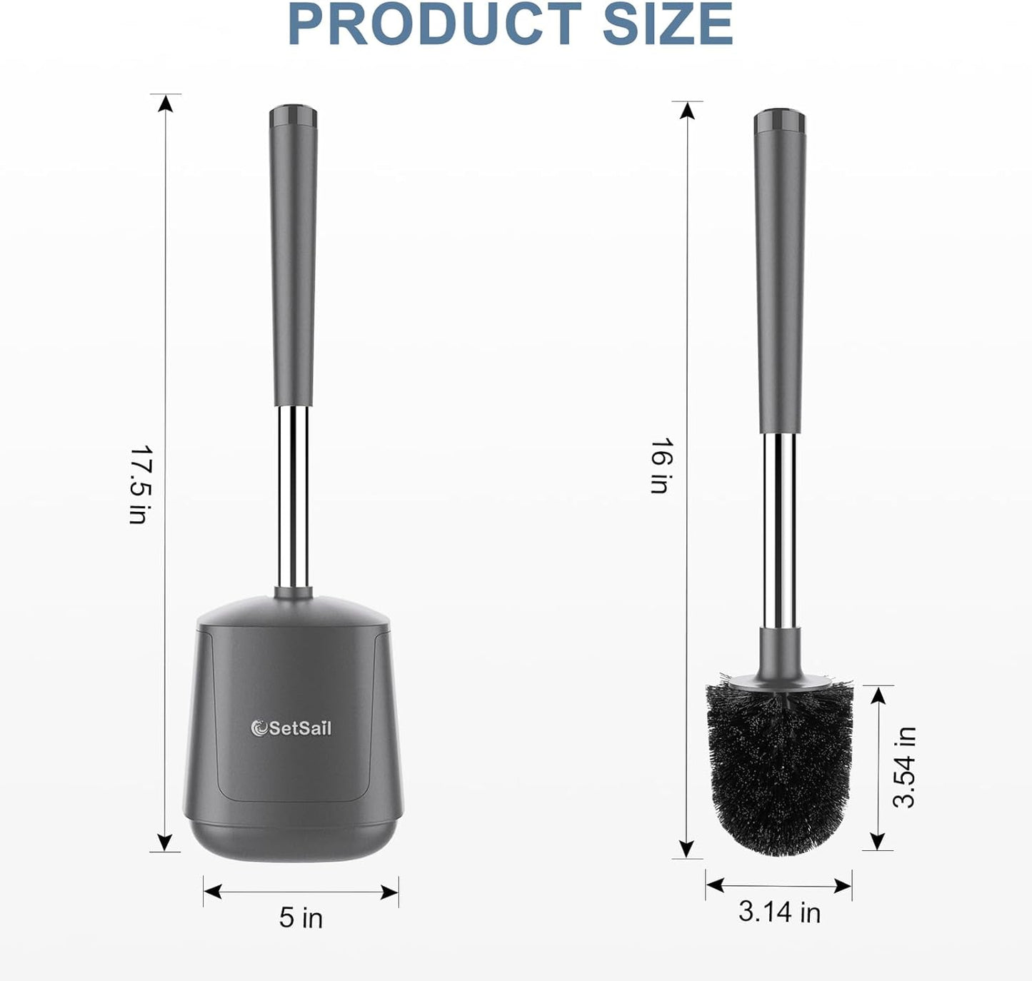 SetSail Toilet Brush and Holder 2 Pack, Self Closing Lid Toilet Bowl Brushes Holder and Extra Long Handle Ventilated Toilet Brush Set for Bathroom Cleaning, Nylon Bristles, Grey