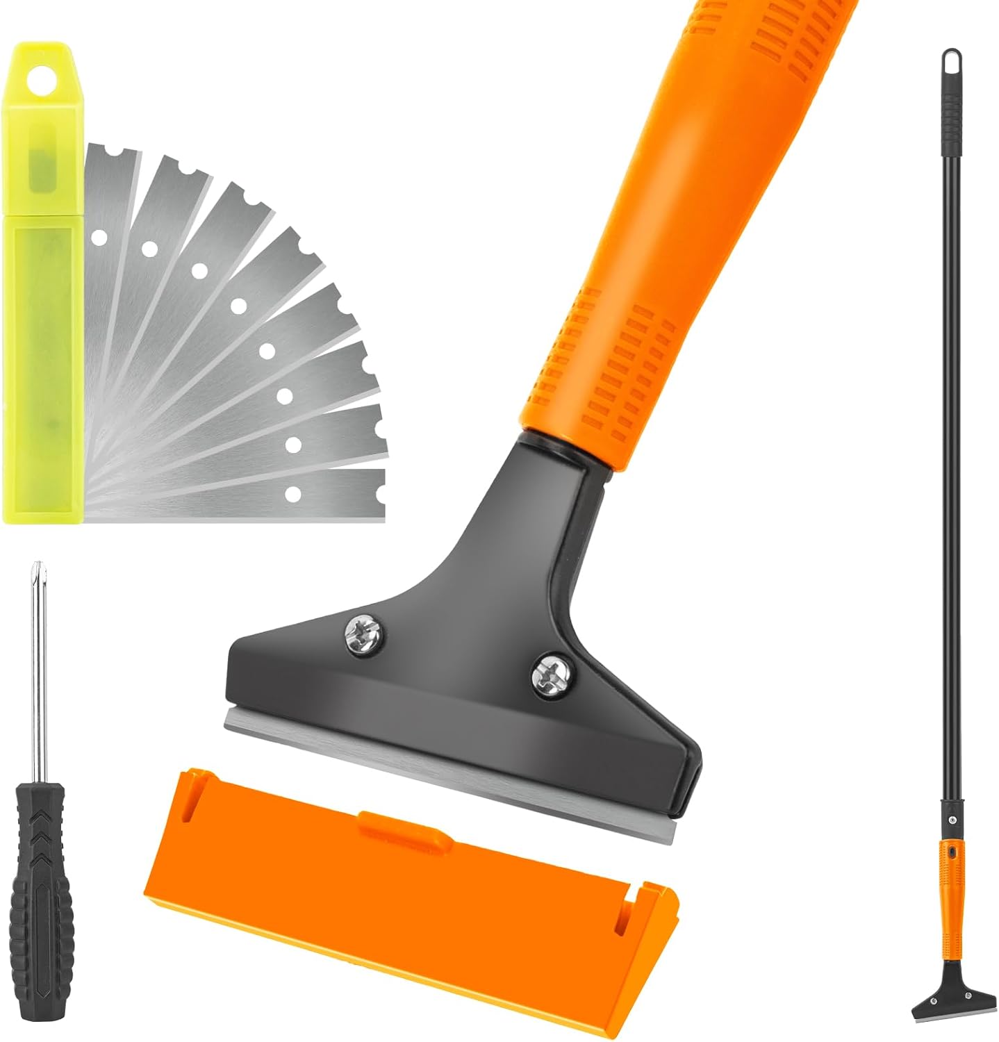 KeFanta Razor Blade Floor Scraper, 4" Wide Heavy Duty Scraper Tool with 45.7" Long Handle, 10PCS Extra Metal Blades, Paint Scrapers for Cleaning Wall Glass Tile Floor Paint Gum Glue Stains Linoleum