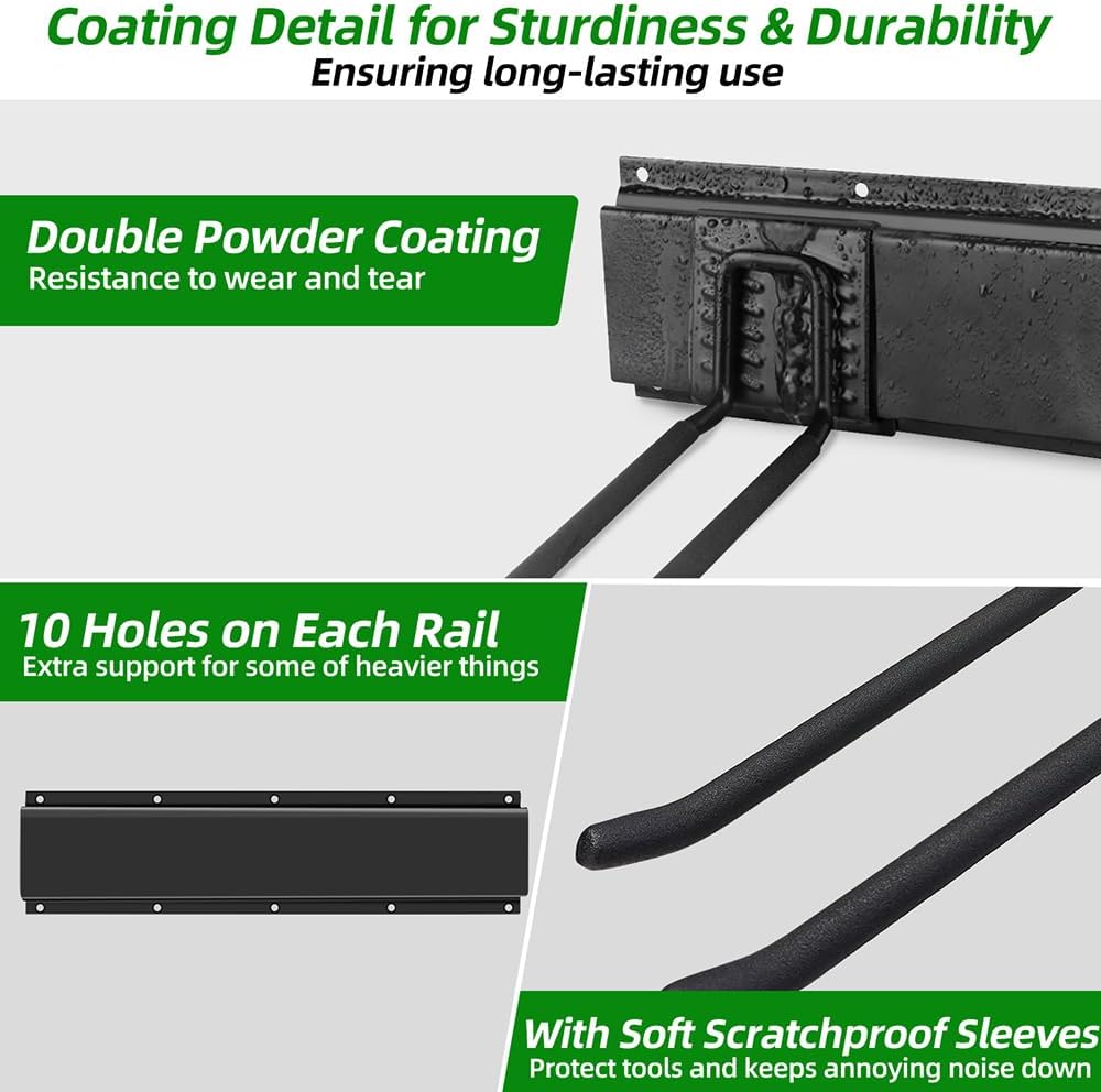 Garage Organization, Garage Wall Organizer with 48 inches Rails and 6 Hooks, Tool Organizers Heavy Duty, Shovel Holder Wall Mount Max Load 360 LBS, Sturdy Garden Tool Rack for Folding Chairs