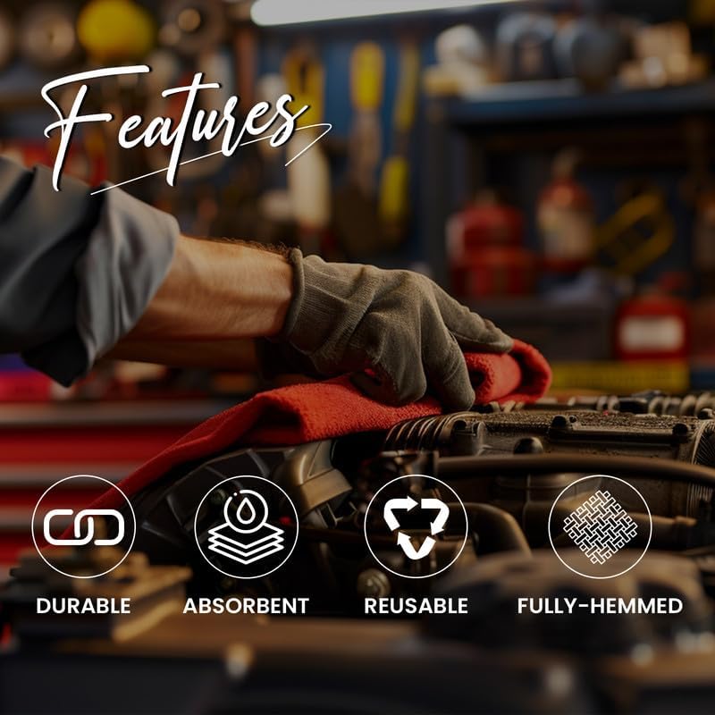 Shop Towels (Red, 25-Pack) - Bulk Cleaning Towel in a Bag, Mechanic Cotton Wipes for Car Maintenance, Auto Mechanics & Garage, Wipe Grease & Oil, Machine Wash & Reusable