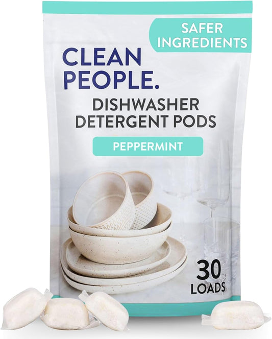 The Clean People Dishwasher Pods - Cuts Grease & Rinses Sparkling Clean - Residue-Free - Phosphate Free Dishwashing Pods - Peppermint, 30 Pack