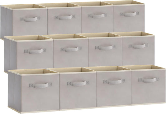 Lifewit 12 Packs Storage Cubes, 11 Inch Cube Storage Bins, Foldable Decorative Fabric Storage Baskets for Organizing Home Organizers with Handles for Shelves, Closet, Light Gray