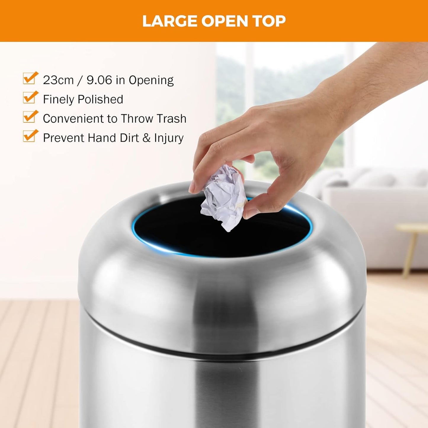 BEAMNOVA 16.5 Gallon Trash Can Black Open Top Large Outdoor Indoor Commercial Stainless Steel Industrial Waste Basket Container, Metallic Garbage Enclosure with Lid