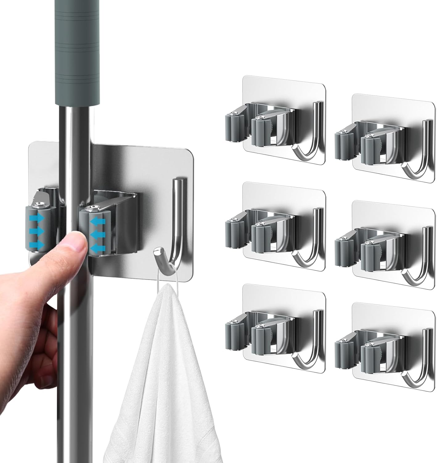 Mop Broom Holder No Drill, Mop Broom Organizer Wall Mounted Heavy Duty with Hooks Hanger, Self Adhesive Stainless Steel 6Pcs for Bathroom, Kitchen, Office (Silver)