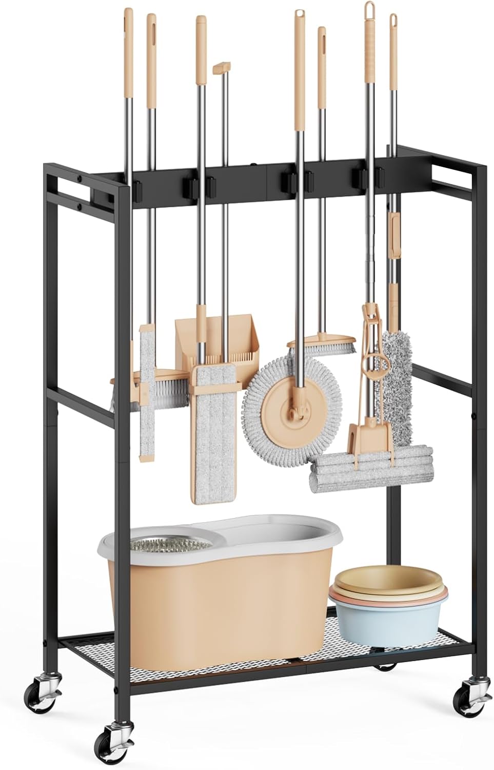 BORISI Broom And Mop Holder, Movable Broom Closet Storage Cabinet, Cleaning Cart with Mop Hanger Gripper Rack, Janitorial Cart, Utility Carts, Laundry Room Organization Home Essentials